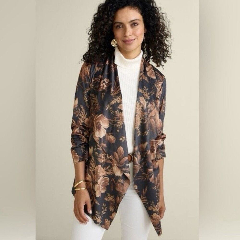 Soft Surroundings Drape Shape Faux Suede Floral Jacket Black Brown Size Medium